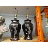 Two black vintage ceramic table lamp bases, with grey floral decoration