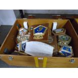 Vintage chest containing a quantity of various shipping plaques, to include Naval and Merchant