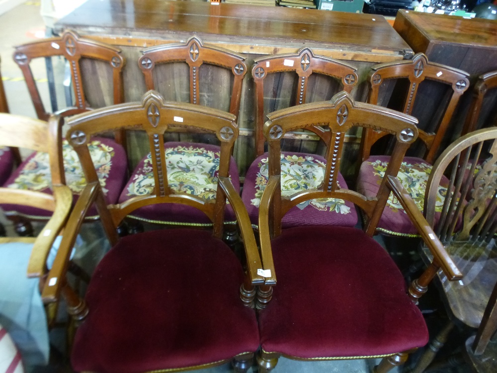 Set of 8 mahogany dining chairs, 6 with tapestry seats and the carvers upholstered in red velvet