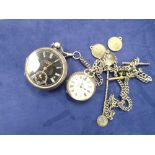 A white metal pocket watch and chain and a silver hallmarked ladies pocket watch and chain, with