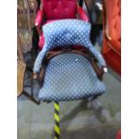 Victorian Mahogany framed tub chair upholstered in blue fabric decorated with bees on cabriole