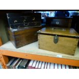 A selection of wooden boxes with two wood framed mirrors and a small suitcase containing glass and