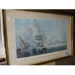 A large framed and glazed picture of the Blackwall Passenger Ship 'Malabor' leaving Brunswick Wharf,