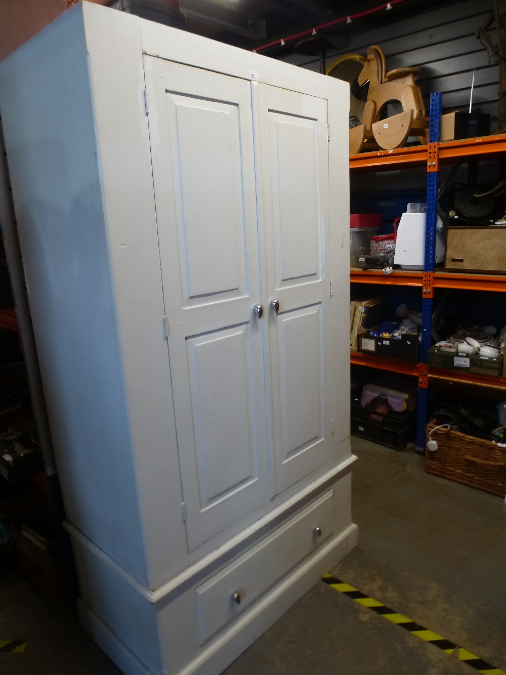 Cream painted pine 2 door wardrobe with base drawer