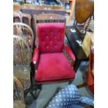 Victorian mahogany armchair upholstered in red velvet