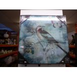 Glass art of a bird and butterfly 60 x 60cm with an oval mirror with bevelled edges in a pine