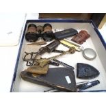 A selection of collectables including various pocket knives, a pocket watch, glasses, etc