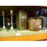 A mix of wood and metal items to include a copper planter, brass candlesticks, cutlery, wood