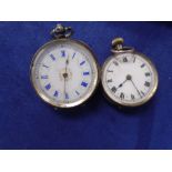 A silver ladies pocket watch, in original case, and one other. Both hallmarked and stamped 375