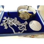 Mens compressor Brevet automatic watch, a five pound coin, silver chain with cross pendant and two