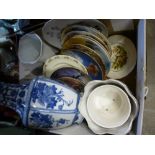 Small box of china to include plates, blue and white vase, planters