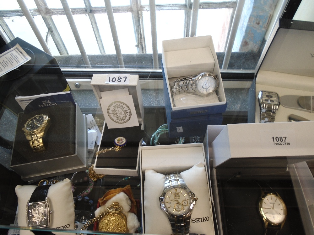 A selection of boxed mens watches to include Seiko, Sekonda, Festina and two pocket watches, etc (
