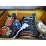 Vintage chest containing a quantity of various shipping plaques, to include Naval and Merchant