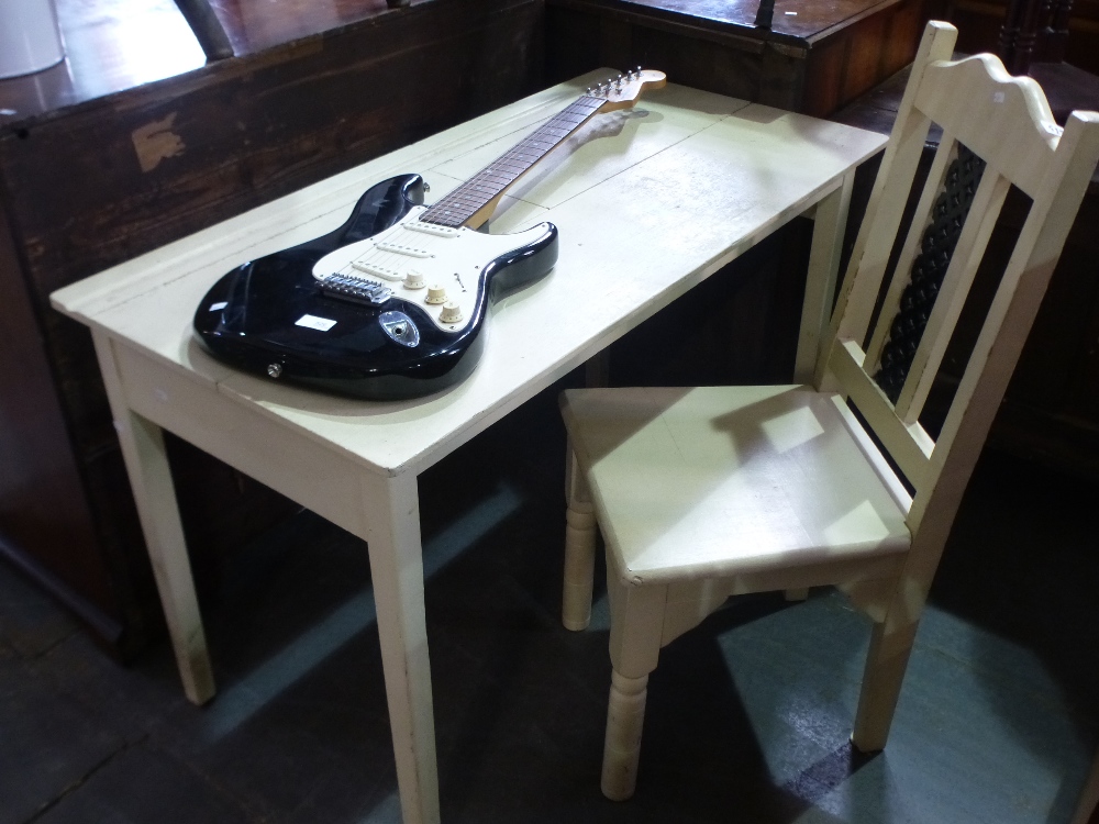 Vintage cream painted pine twin school desk and a similar cream painted chair