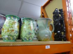 A Denby jug, alongside a pair of Crown ducal vases and an oriental wooden figure