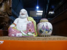 A selection of oriental china figures, including a wooden carved figure, etc