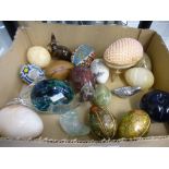 A quantity of egg ornaments, some being onyx alongside some glass ornaments