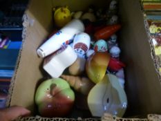 A box of novelty salt and pepper pots, to include Monks, apple, pear, sea shells, etc