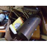 A box of collectable items to include a vintage skipping rope, boxed playing cards, mantle clock,