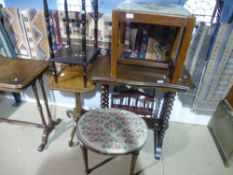 Sundry furniture to include tapestry top stools, wotnot, mahogany table, etc