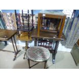 Sundry furniture to include tapestry top stools, wotnot, mahogany table, etc