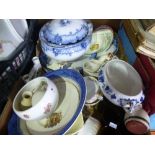 2 boxes of mixed glass and china to include Foley, Carlton ware, Devon pottery etc.
