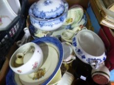 2 boxes of mixed glass and china to include Foley, Carlton ware, Devon pottery etc.