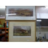 Four framed and glazed pictures, two depicting a fox hunt, pencil signed, alongside two