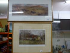 Four framed and glazed pictures, two depicting a fox hunt, pencil signed, alongside two