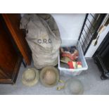 Various old helmets - some military - a GB flag, a canvas kit bag and sundry