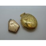 Large oval 9ct yellow gold locket, marked 375, and another Art Deco style locket, marked 9ct,