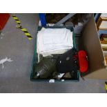 A box of military clothing and binoculars