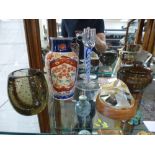 A mixed lot to include a lustre jug, a Langham glass candlestick and an Imari vase