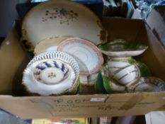 A box of glassware to include jugs, decanters, cake stand along with two boxes of mixed china