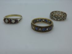 9ct eternity ring, AF, another and silver garnet and opal ring