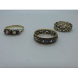 9ct eternity ring, AF, another and silver garnet and opal ring