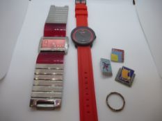 Two retro style watches, one made by Crayo the other Academ Iplex and 3 vintage Butlans badges