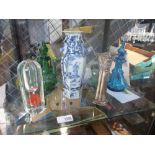 A silver vase, a Chinese blue and white hexagonal vase and three items of glassware