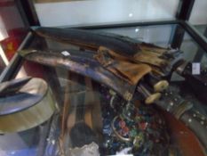 Two Kukri knives and a lidded box made of horn