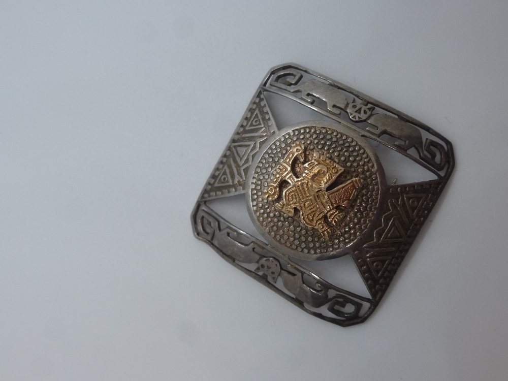 Peruvian silver square brooch with 18ct yellow gold panel, marked 925 and 18K, weight approx. 14g - Image 2 of 2