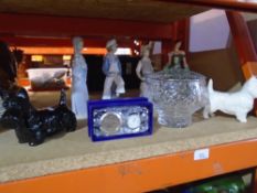 A boxed Edinburgh crystal clock, rose bowl, Beswick scottie dogs, Lladro figures, etc