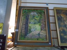 Three framed oil paintings, one looking through a garden gate and the others being country scenes