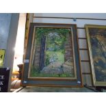 Three framed oil paintings, one looking through a garden gate and the others being country scenes