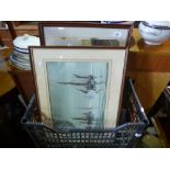 A box of framed and mostly glazed prints to include a watercolour of boats titled 'making sail by