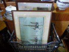 A box of framed and mostly glazed prints to include a watercolour of boats titled 'making sail by