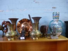 A mixed lot to include metalware and wooden elephants