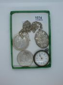 Silver cased pocket watch, oval silver locket, £5 coin in mount on silver chain, and another £5
