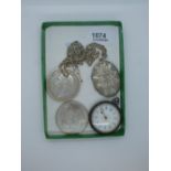 Silver cased pocket watch, oval silver locket, £5 coin in mount on silver chain, and another £5