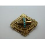 Large Victorian yellow metal mourning brooch with turquoise beaded decoration, unmarked