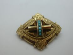 Large Victorian yellow metal mourning brooch with turquoise beaded decoration, unmarked